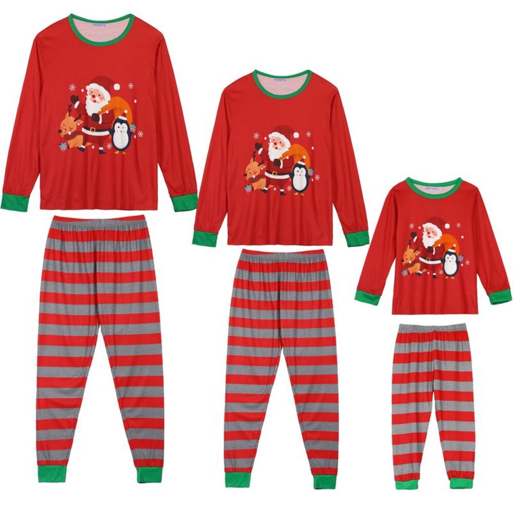 Men's Christmas 2pcs Pajama Set Striped Snowman Long Sleeve Sleepwear Red